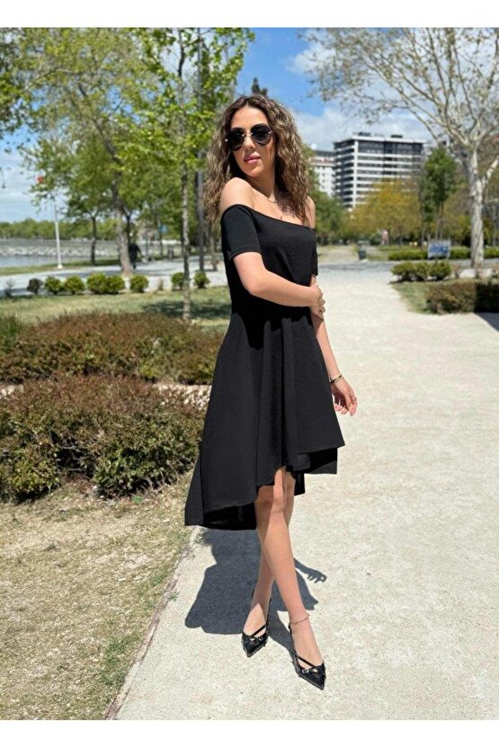 Kadın Kısa Kollu Madonna Yaka önü Kısa Arkası Uzun Ithal Krep Elbise