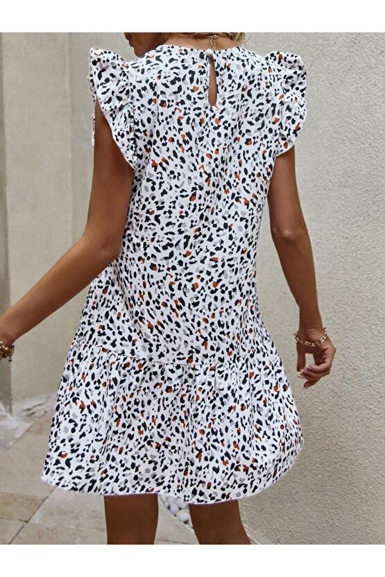 Kadın Kısa Kollu Bisiklet Yaka Etek Ucu Volanlı Kısa Dokuma Elbise