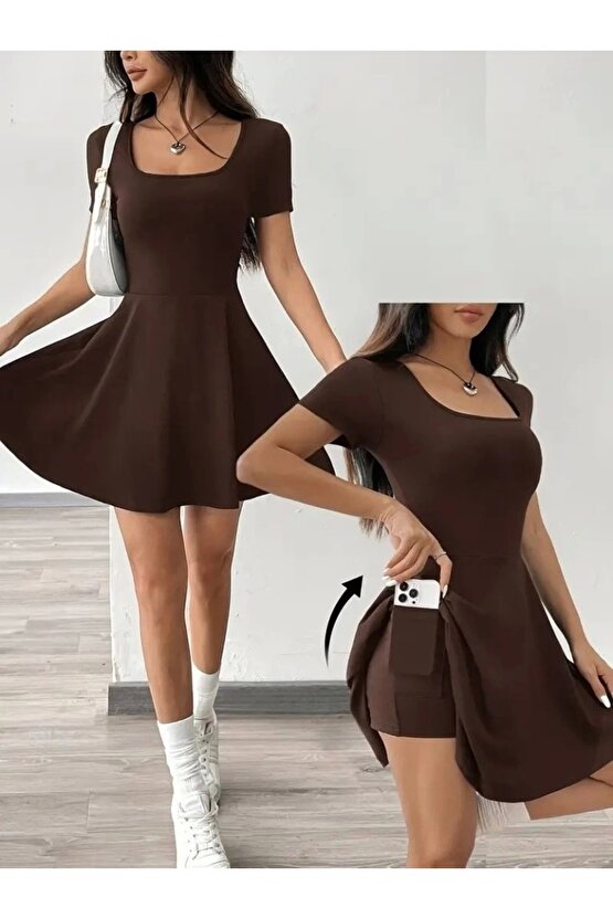 Kadın Kısa Kollu Kare Yaka Short Detaylı Cepli Dalgıç Elbise