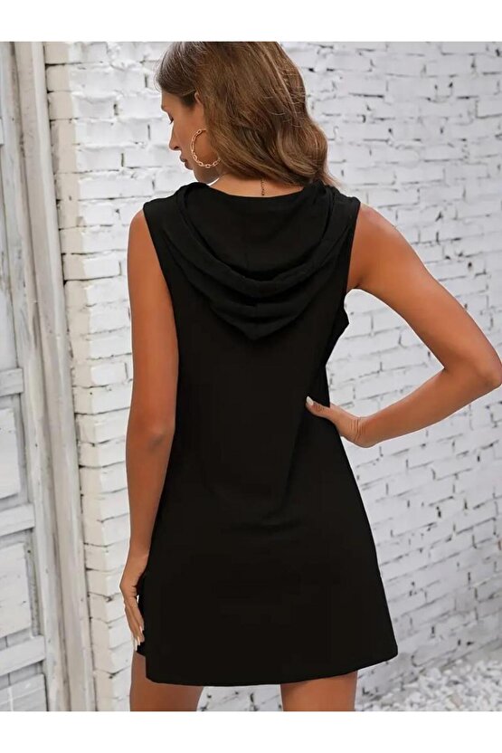 Kadın Kolsuz Kapşonlu Uzun Viskon Elbise