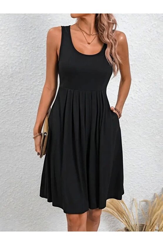 Kadın Askılı Yuvarlak Yaka önden Pileli Viskon Elbise