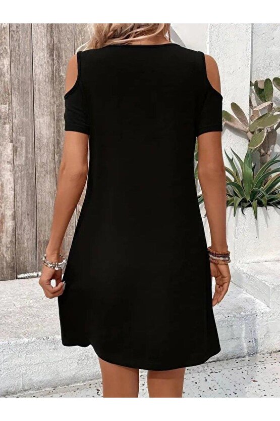 Kadın Askılı Omuzlardan Açık Kısa Kollu Kuş Gözü Detaylı Viskon Elbise