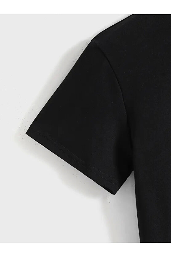 Baskılı Oversize Bisiklet Yaka T-shirt - Siyah