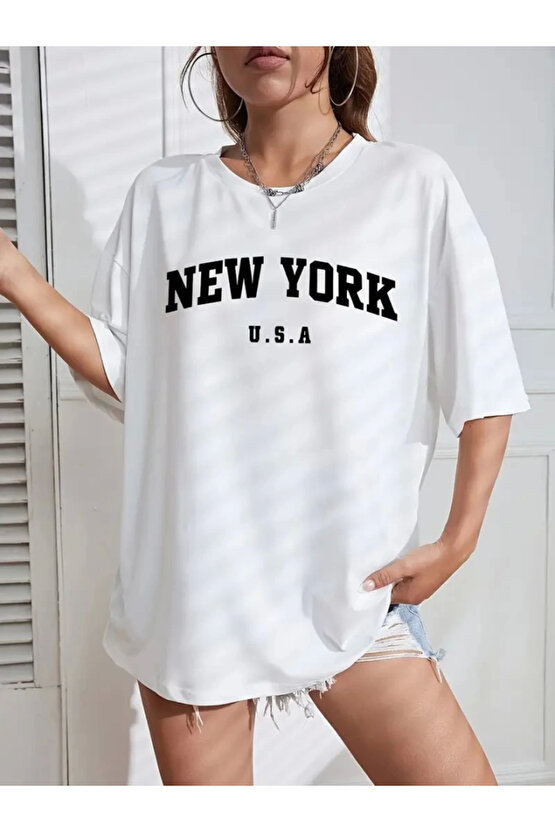New York Baskılı Oversize Bisiklet Yaka T-shirt - Beyaz
