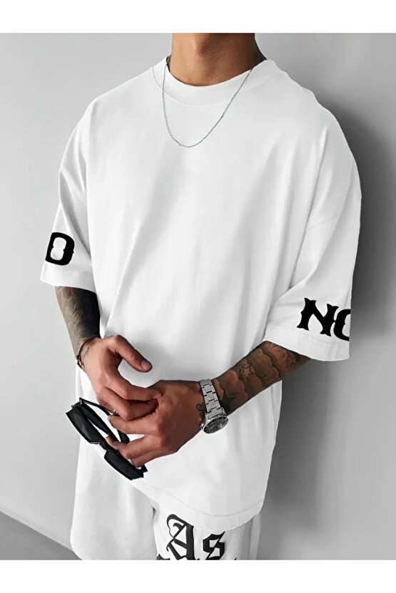 Baskılı Oversize Bisiklet Yaka T-shirt - Beyaz