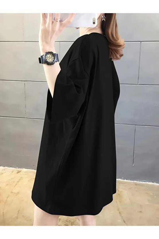 munn collection Baskılı Oversize Bisiklet Yaka T-shirt - Siyah