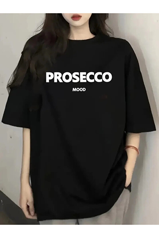 Baskılı Oversize Bisiklet Yaka T-shirt - Siyah