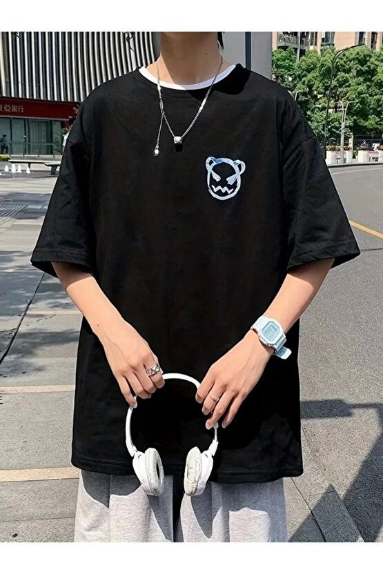Baskılı Oversize Bisiklet Yaka T-shirt - Siyah
