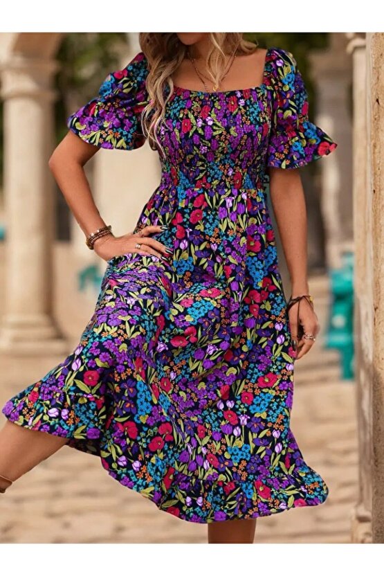 Turega Style Kadın Kısa Kollu Kare Yakalı Beli Lastikli çiçek Desenli Mini Süprem Elbise