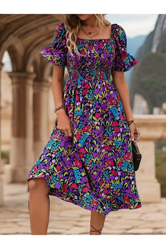 Turega Style Kadın Kısa Kollu Kare Yakalı Beli Lastikli çiçek Desenli Mini Süprem Elbise