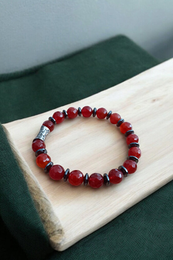 Kırmızı Akik Bileklik Faset Kesim Orijinal Gerçek Hakiki Akik Taşı Bileklik 10 mm