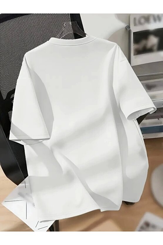 Baskılı Oversize Bisiklet Yaka T-shirt - Beyaz
