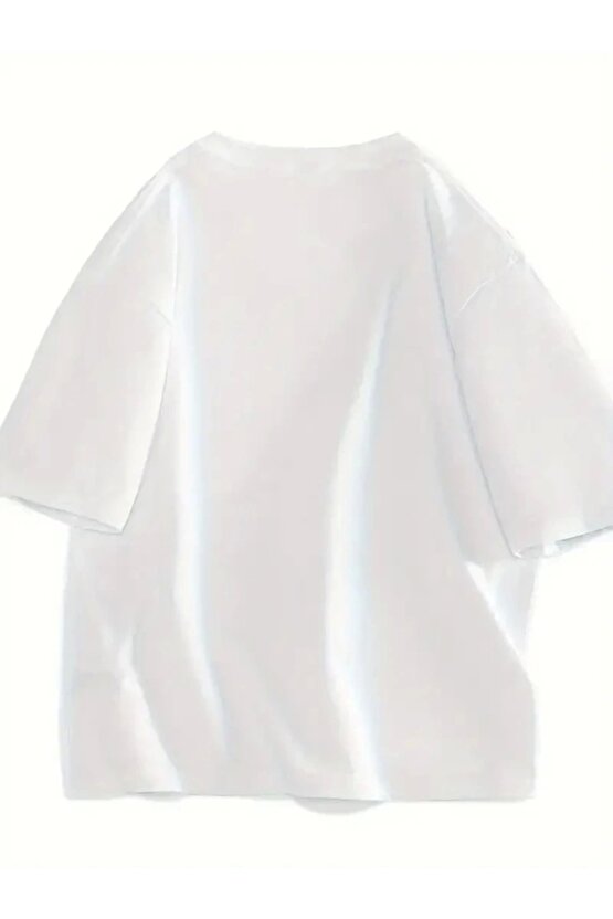 Baskılı Oversize Bisiklet Yaka T-shirt - Beyaz