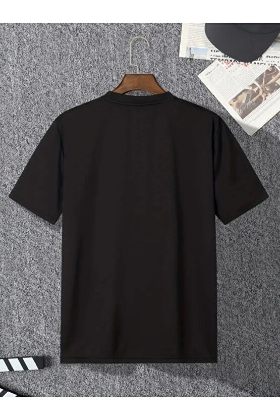 Baskılı Oversize Bisiklet Yaka T-shirt - Siyah