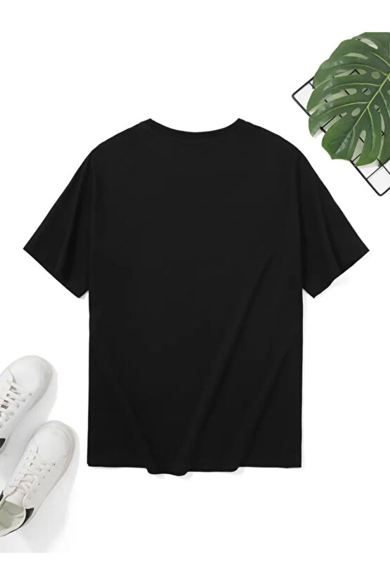 munn collection Baskılı Oversize Bisiklet Yaka T-shirt - Siyah