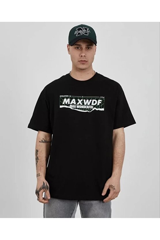 Unisex Bisiklet Yaka Baskılı Oversize T-Shirt - Siyah