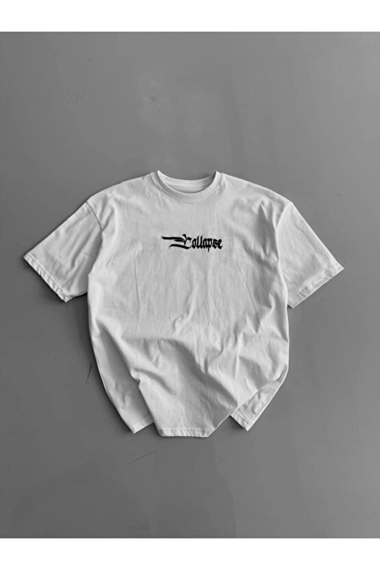 Baskılı Oversize Bisiklet Yaka T-shirt - Beyaz
