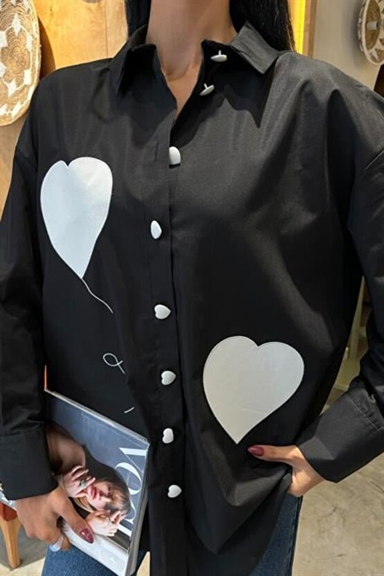 MODAVERA Kalp Nakışlı Ve Düğme Detaylı Oversize Gömlek 3430
