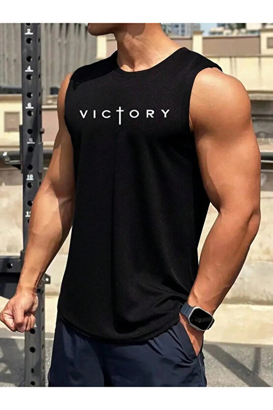MODAVERA Erkek Sıfır Kol Victory Baskılı Süprem Tişört