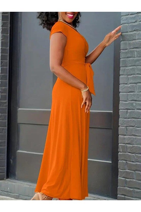 Kadın Kısa Kollu V Yakalı Belden Kuşaklı Maksi Boy Viskon Elbise