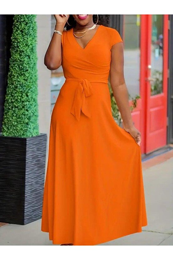 Kadın Kısa Kollu V Yakalı Belden Kuşaklı Maksi Boy Viskon Elbise