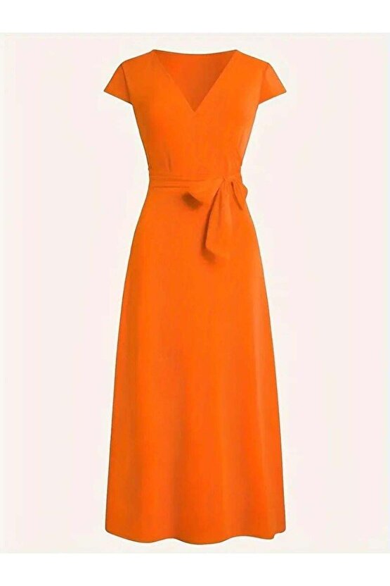 Kadın Kısa Kollu V Yakalı Belden Kuşaklı Maksi Boy Viskon Elbise