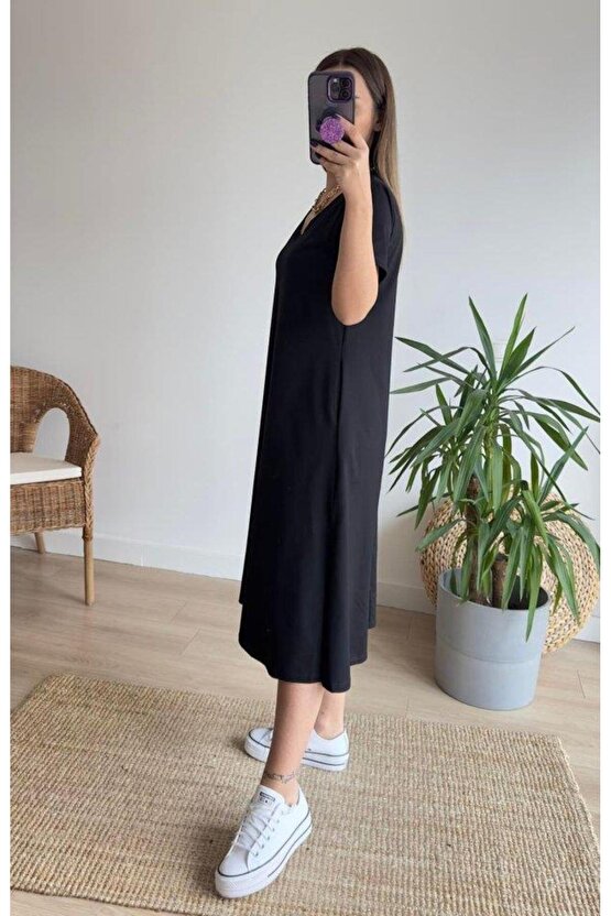 Kadın Kısa Kollu V Yaka Cepli A Kesim Detaylı Viskon Elbise