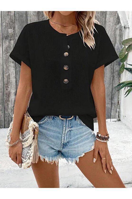 Kadın Kısa Kollu Yakası Açık önden Düğmeli Waffle Bluz