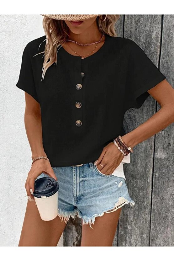 Kadın Kısa Kollu Yakası Açık önden Düğmeli Waffle Bluz