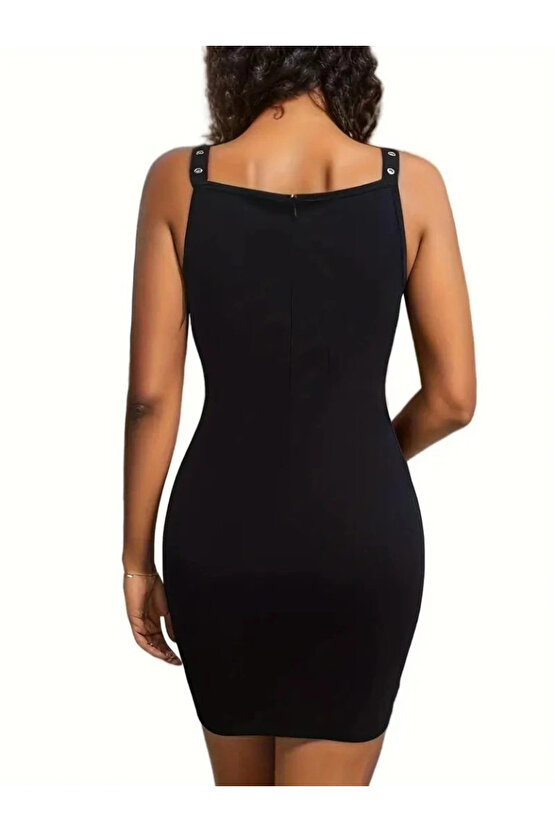 MDB Kadın Askılı Derin V Yakalı Kuş Gözü Detaylı Janjan Krep Elbise