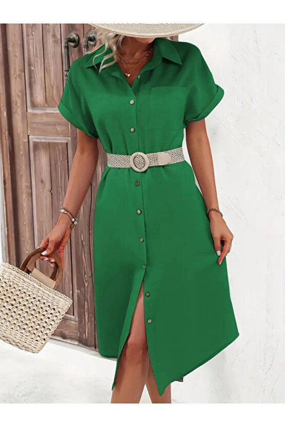 Kadın Kısa Kollu Yakalı Düğme Detay Midi Dokuma Elbise