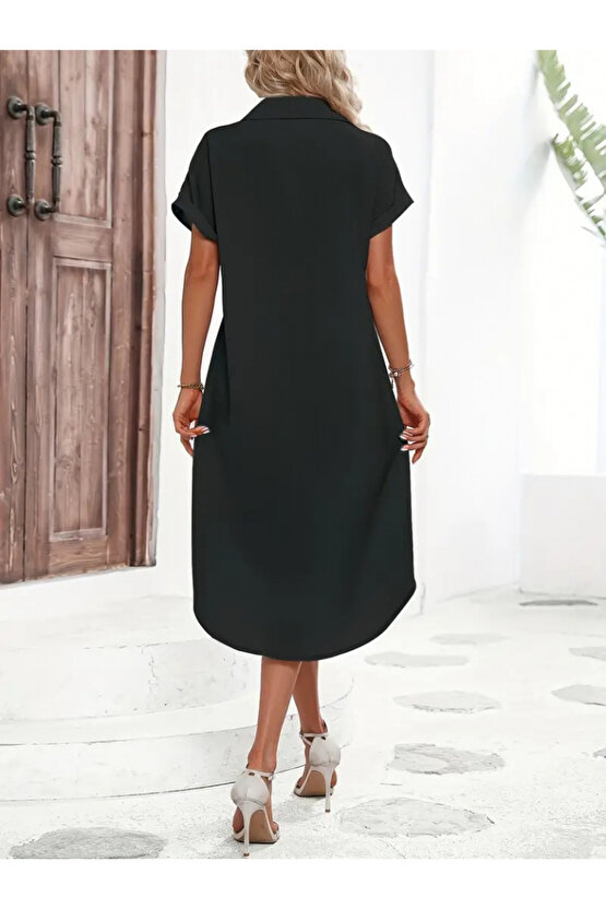 MyTerrax Kadın Kısa Kollu Yakalı Düğme Detay Midi Dokuma Elbise