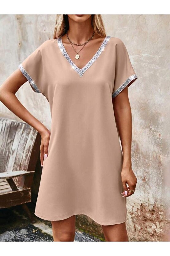 Kadın Yaka Ve Kol Pul Payet şeritli Ithal Krep Elbise