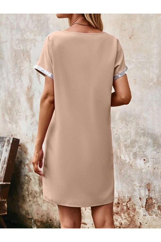 Kadın Yaka Ve Kol Pul Payet şeritli Ithal Krep Elbise