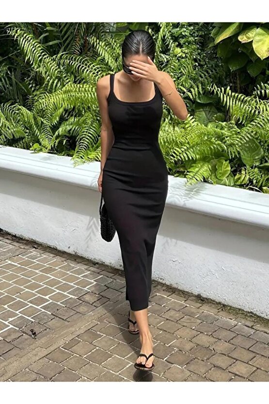 Kadın Ip Askılı Yuvarlak Yakalı Yırtmaçlı Midi Kaşkorse Elbise