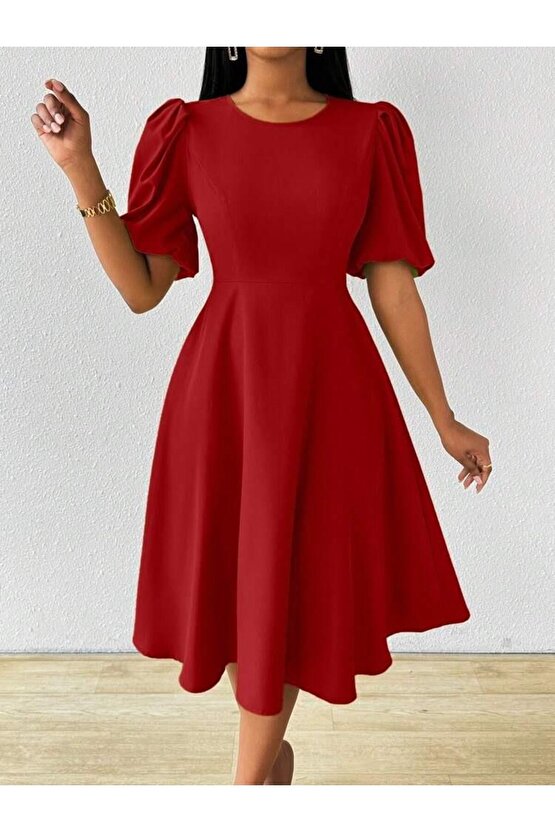 Kadın Kısa Balon Kollu Bisiklet Yaka Kiloş Janjan Krep Elbise