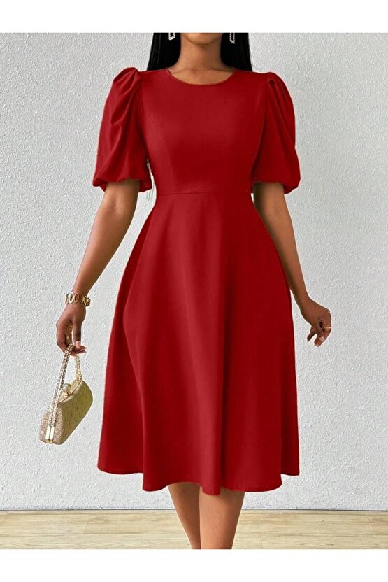 Kadın Kısa Balon Kollu Bisiklet Yaka Kiloş Janjan Krep Elbise