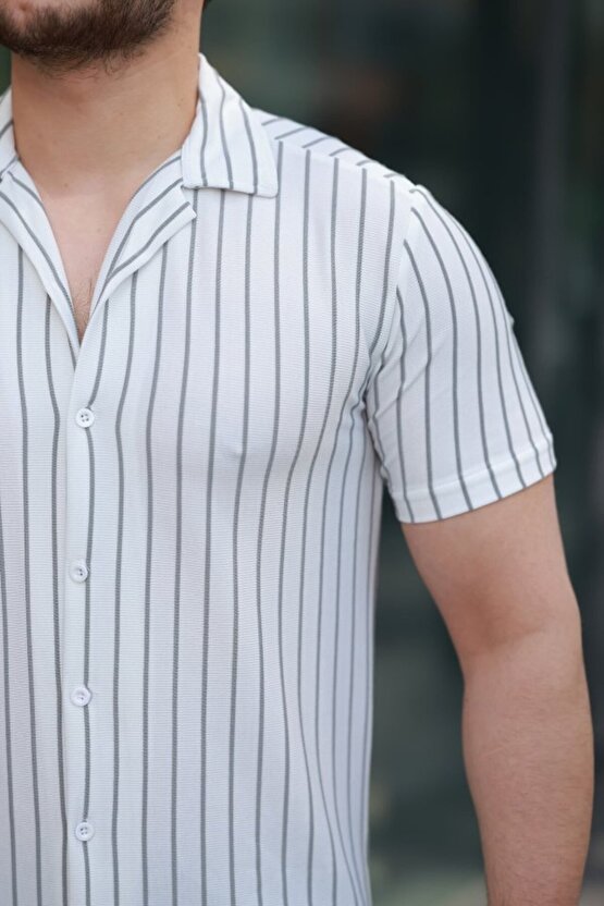 Edolika Erkek Kısa Kollu Gri çizgi Desenli örme Kumaş Pamuklu Gömlek