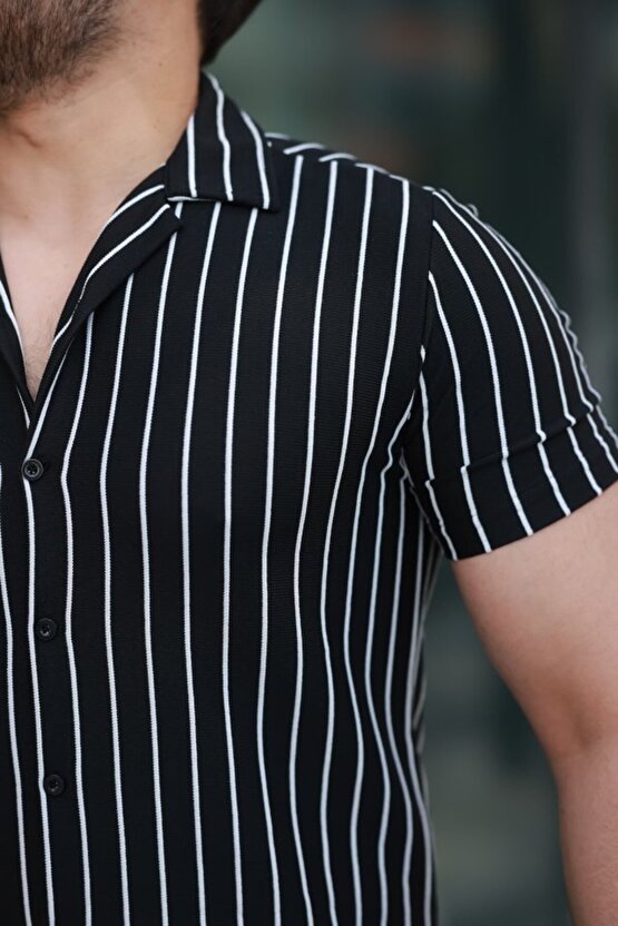 munn collection Erkek Kısa Kollu Beyaz çizgi Desenli örme Kumaş Pamuklu Gömlek