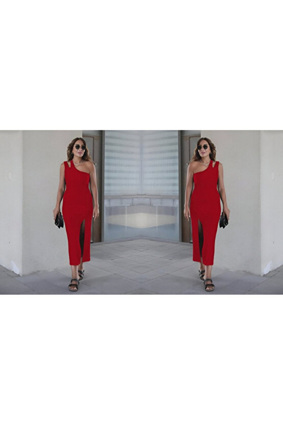 Kadın Kolsuz Tek Omuz Damla Detay JanJan Krep Elbise