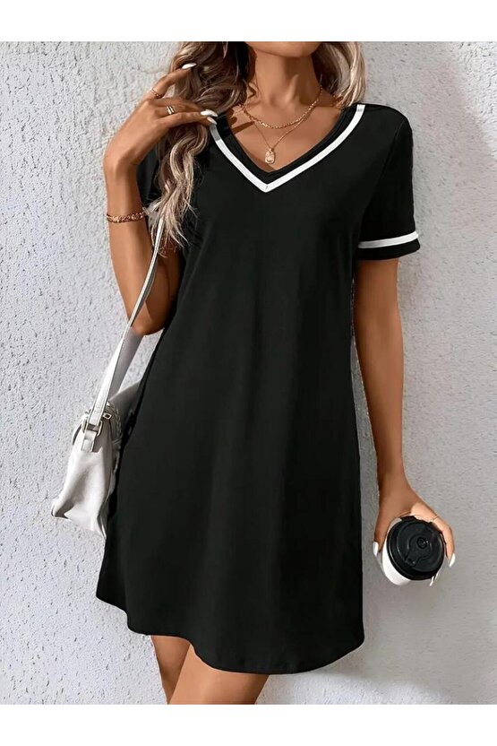 Kadın Kısa Kollu V çizgili Yakalı Kısa Viskon Elbise