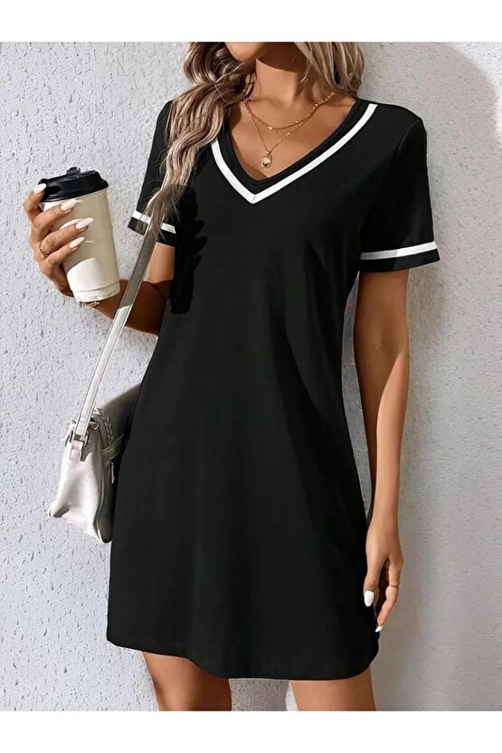 Kadın Kısa Kollu V çizgili Yakalı Kısa Viskon Elbise