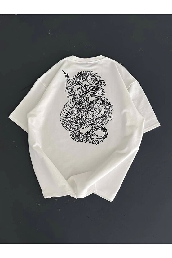 Baskılı Oversize Bisiklet Yaka T-shirt - Beyaz