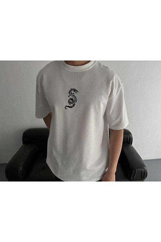Baskılı Oversize Bisiklet Yaka T-shirt - Beyaz