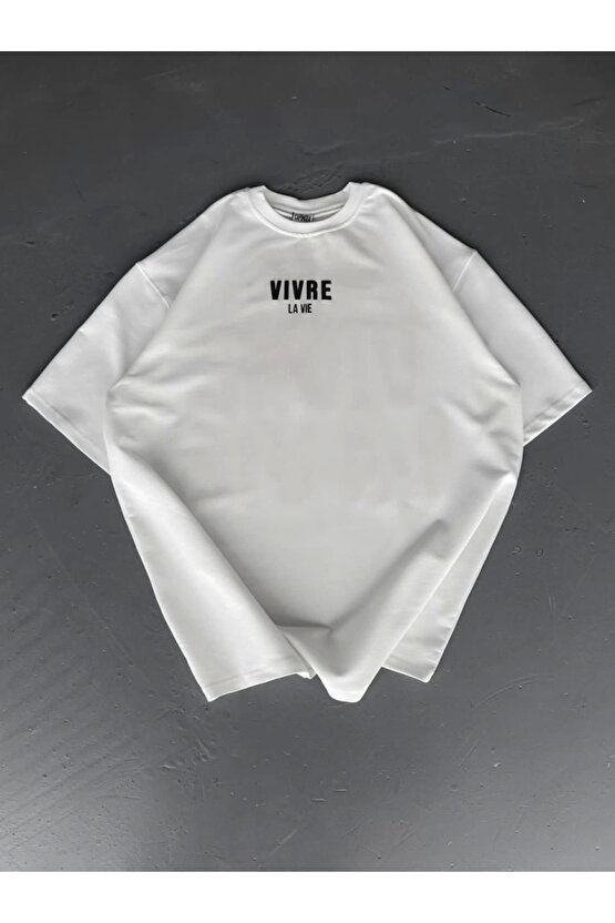 Baskılı Oversize Bisiklet Yaka T-shirt - Beyaz