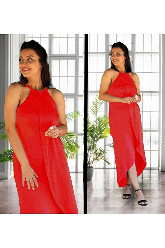 Boyun Askılı Eteği Kruvaze Kesim Viskon Kumaş Elbise