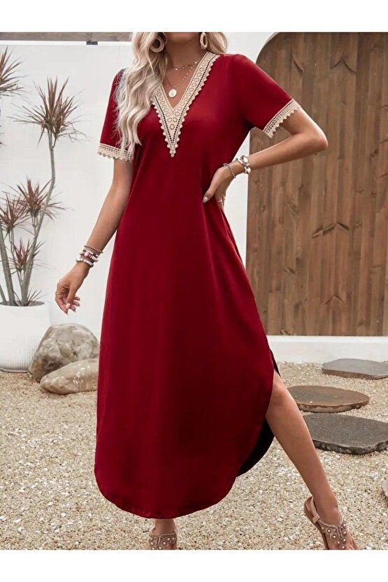 Kadın Kısa Kollu Dantel V Yakalı Uzun Viskon Elbise
