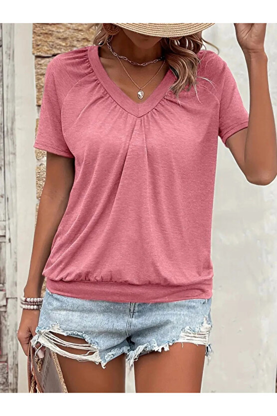 Kadın Kısa Kollu V Yakalı Büzgü Detaylı Viskon Bluz