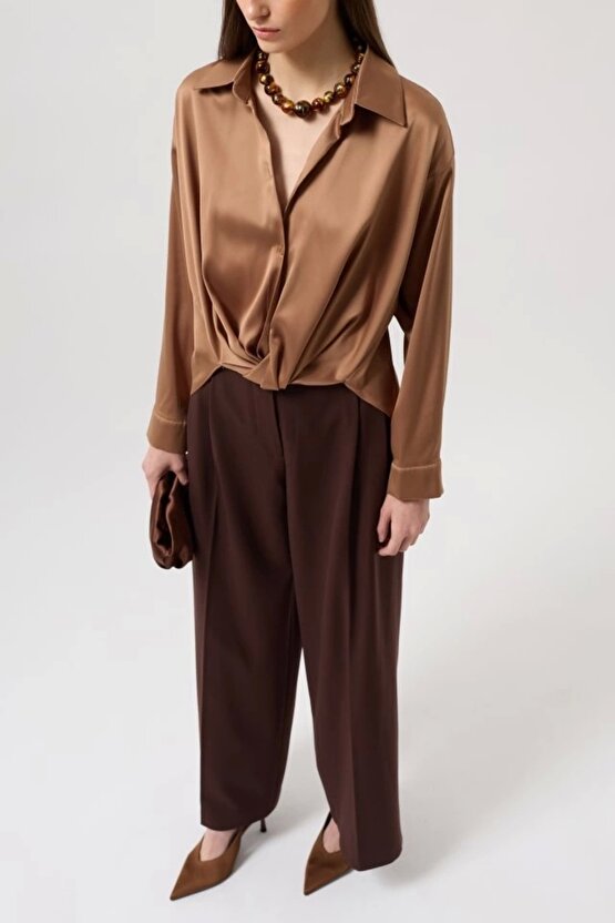 Bel Büzgülü Crop Saten Gömlek