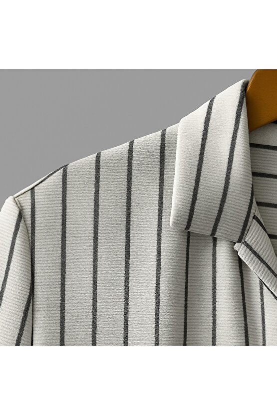 munn collection Erkek Kısa Kollu Gri çizgi Desenli örme Kumaş Pamuklu Gömlek